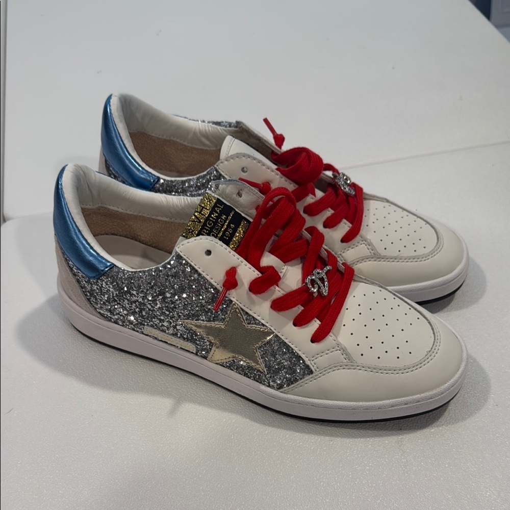 Vintage Havana White Glitter Star Sneakers with Red Laces and Blue Heel